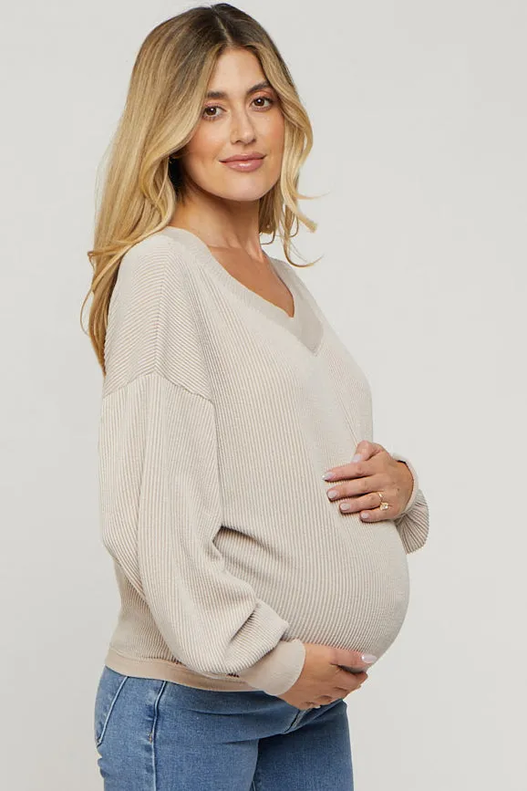Beige Ribbed V-Neck Cropped Maternity Sweater sold by Pinkblush product image thumbnail 2