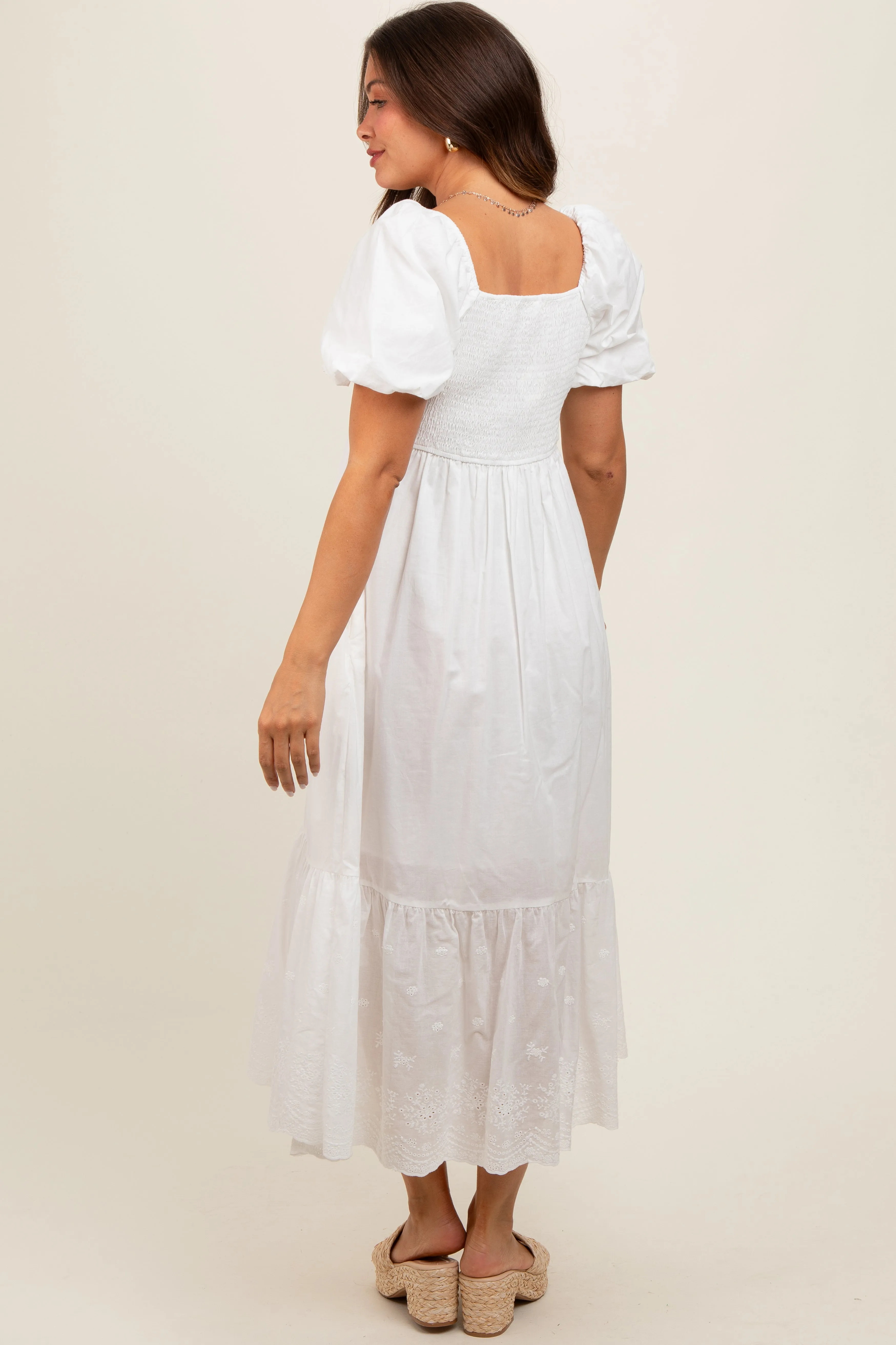 Ivory Eyelet Scalloped V-Neck Short Puff Sleeve Maternity Midi Dress sold by Pinkblush product image thumbnail 4
