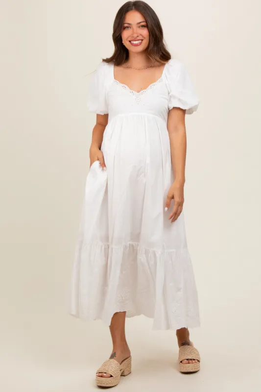 Ivory Eyelet Scalloped V-Neck Short Puff Sleeve Maternity Midi Dress sold by Pinkblush