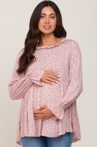 Mauve Floral Ruffle Neck Maternity Top sold by Pinkblush
