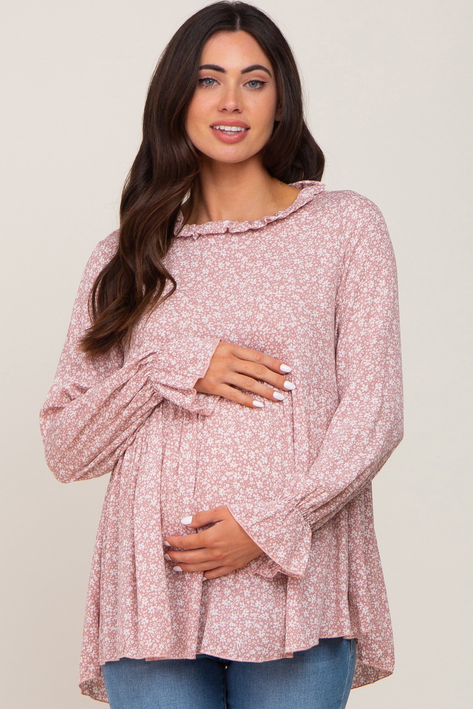 Mauve Floral Ruffle Neck Maternity Top sold by Pinkblush