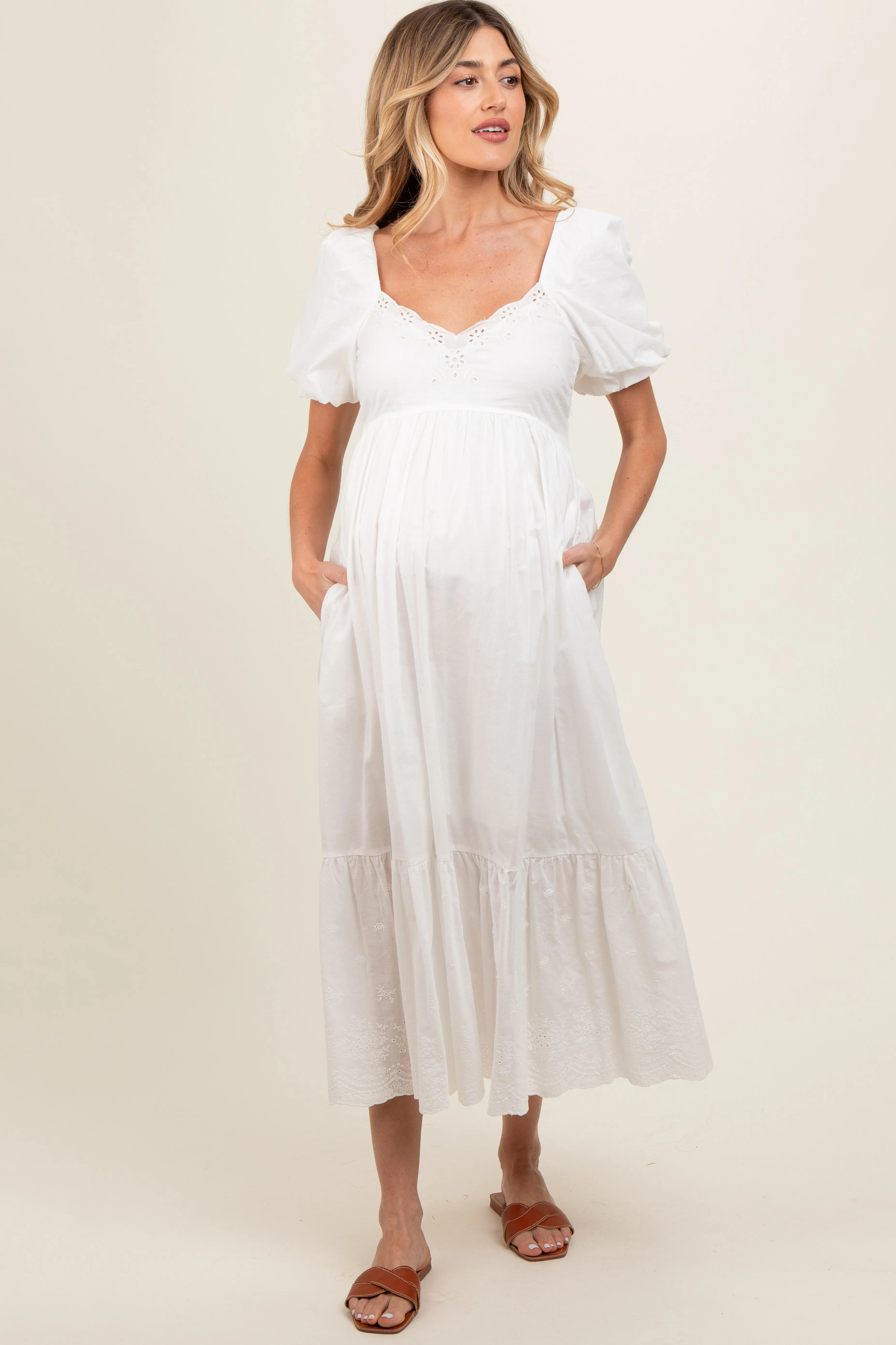 Ivory Eyelet Scalloped V-Neck Short Puff Sleeve Maternity Midi Dress sold by Pinkblush product image thumbnail 5