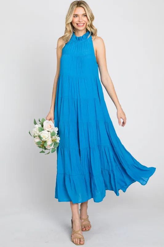 Blue Tiered High Neck Maxi Dress sold by Pinkblush