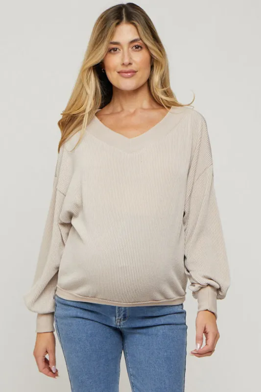 Beige Ribbed V-Neck Cropped Maternity Sweater sold by Pinkblush