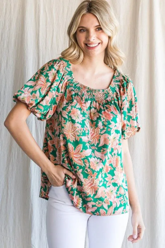 Green Floral Satin Smocked Accent Blouse sold by Pinkblush