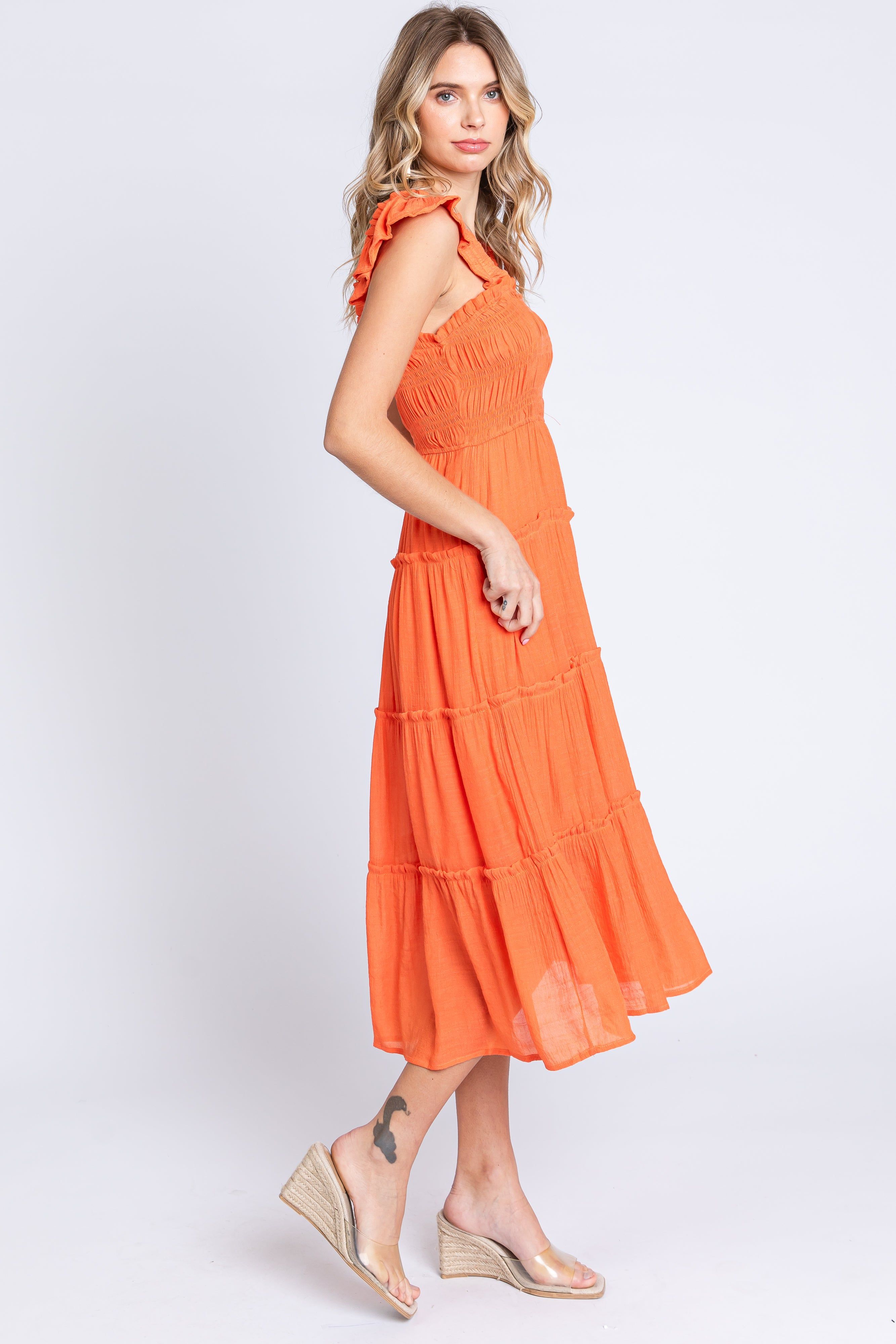 Orange Sleeveless Smocked Tiered Midi Dress sold by Pinkblush product image thumbnail 2