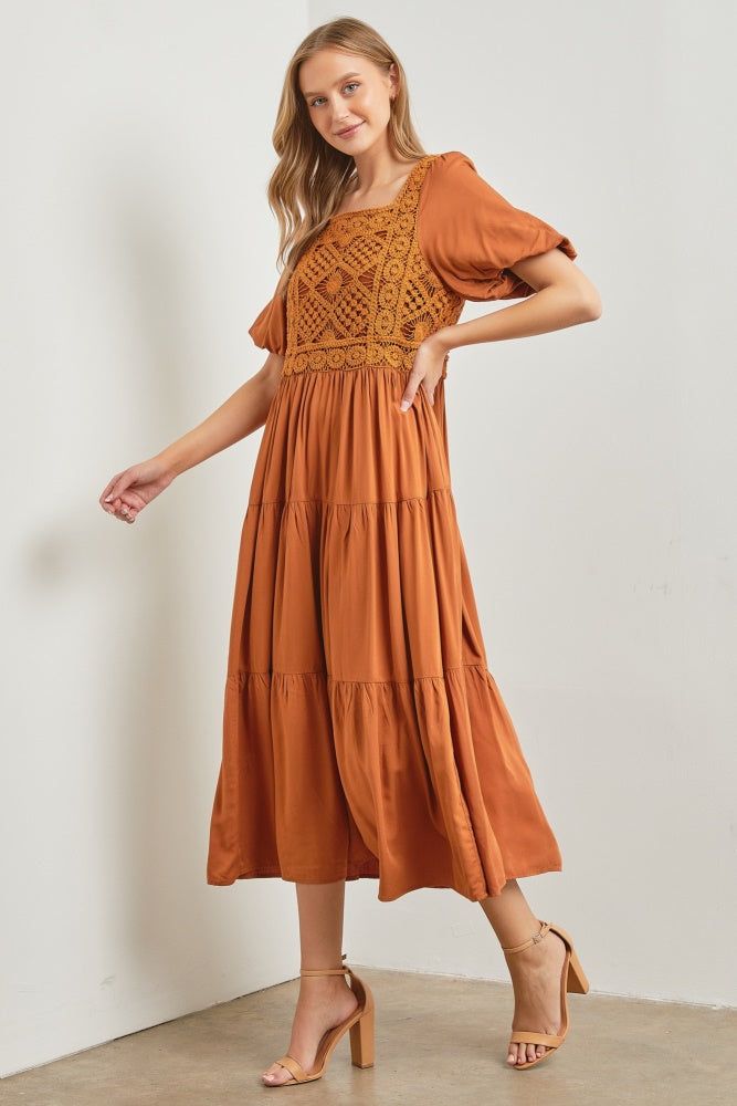 Mocha Crochet Bodice Maxi Dress sold by Pinkblush