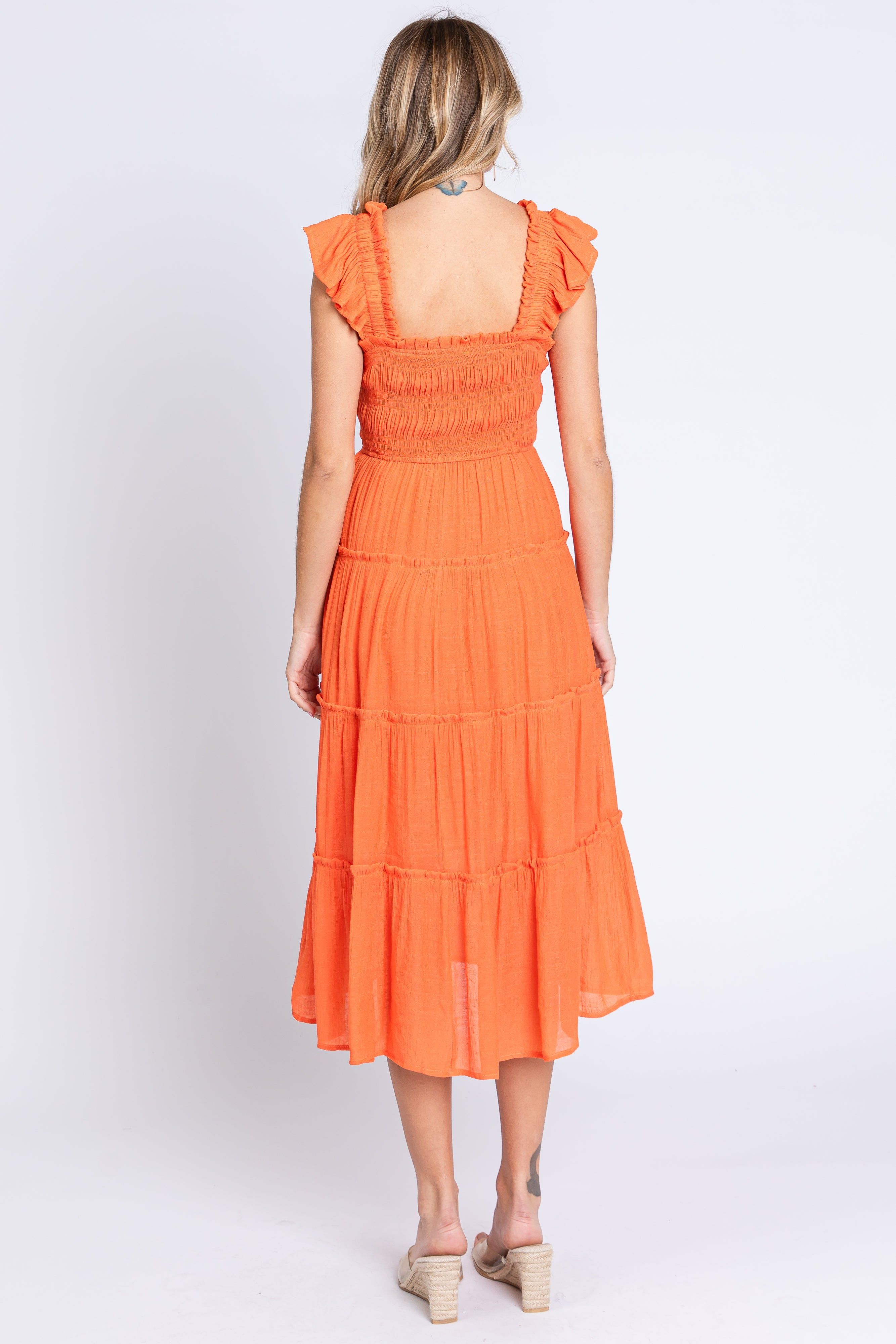 Orange Sleeveless Smocked Tiered Midi Dress sold by Pinkblush product image thumbnail 3