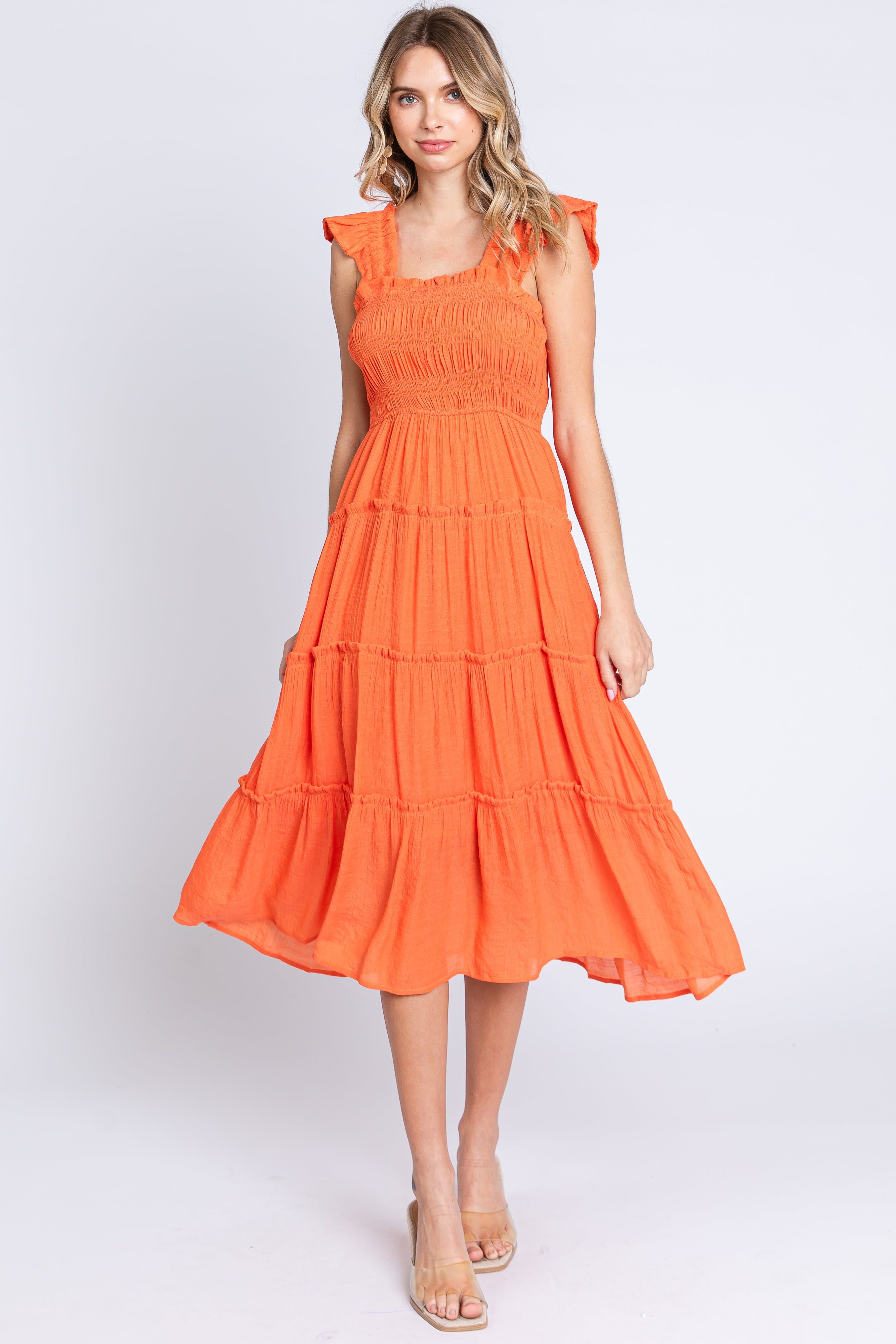 Orange Sleeveless Smocked Tiered Midi Dress sold by Pinkblush