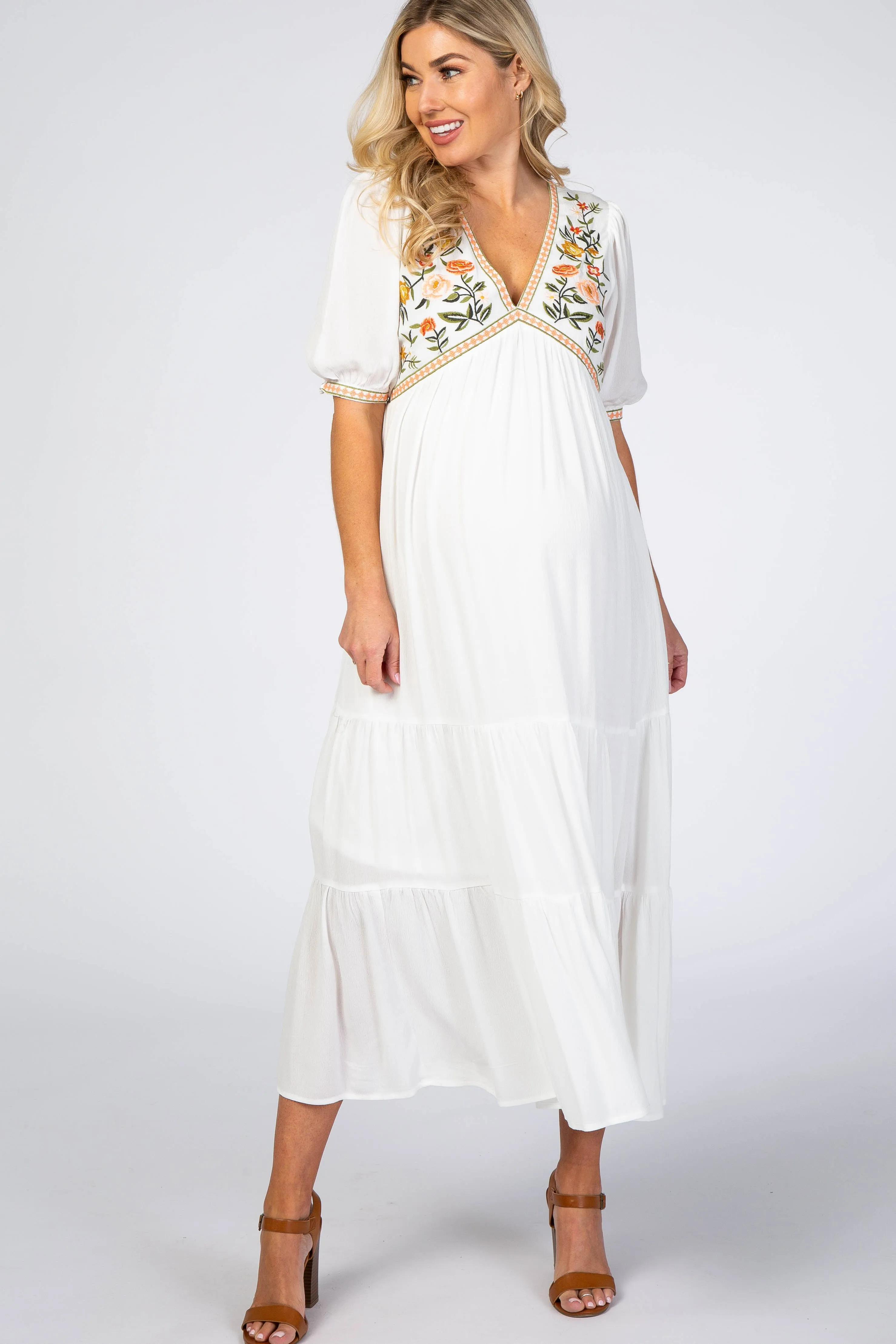Ivory Floral Embroidered Maternity Midi Dress sold by Pinkblush