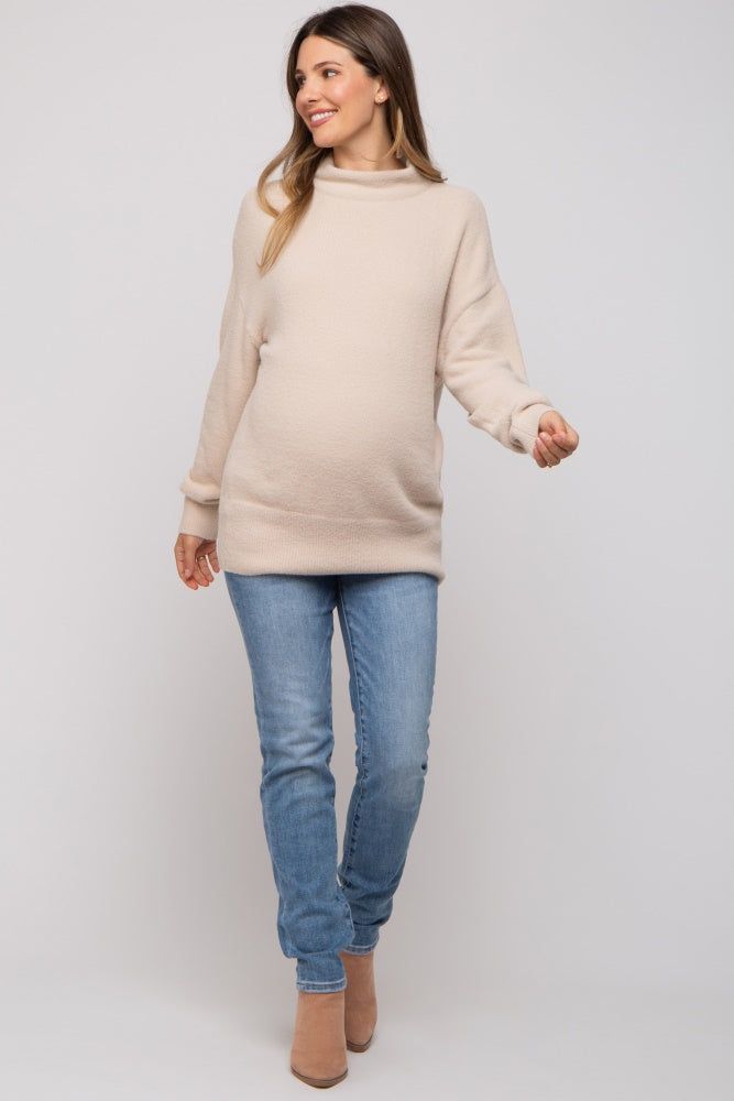 Beige Fuzzy Knit Mock Neck Maternity Sweater sold by Pinkblush product image thumbnail 4