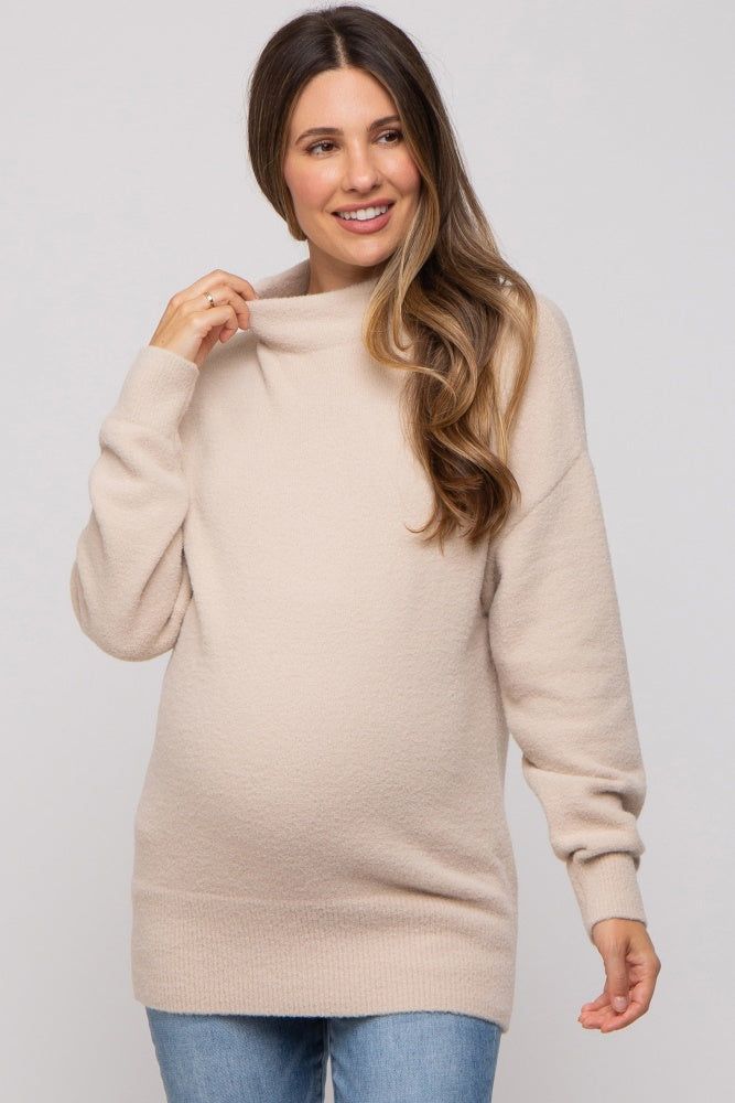 Beige Fuzzy Knit Mock Neck Maternity Sweater sold by Pinkblush