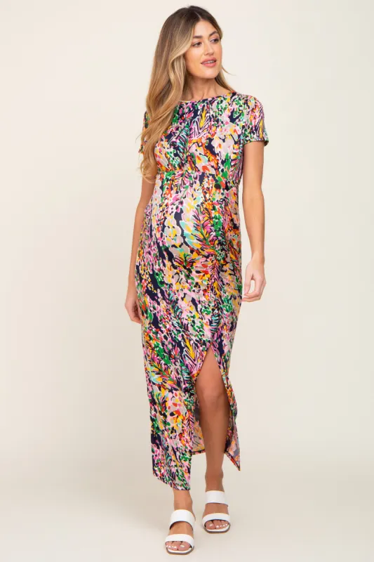 Navy Multi-Color Floral Side Slit Maternity Maxi Dress sold by Pinkblush