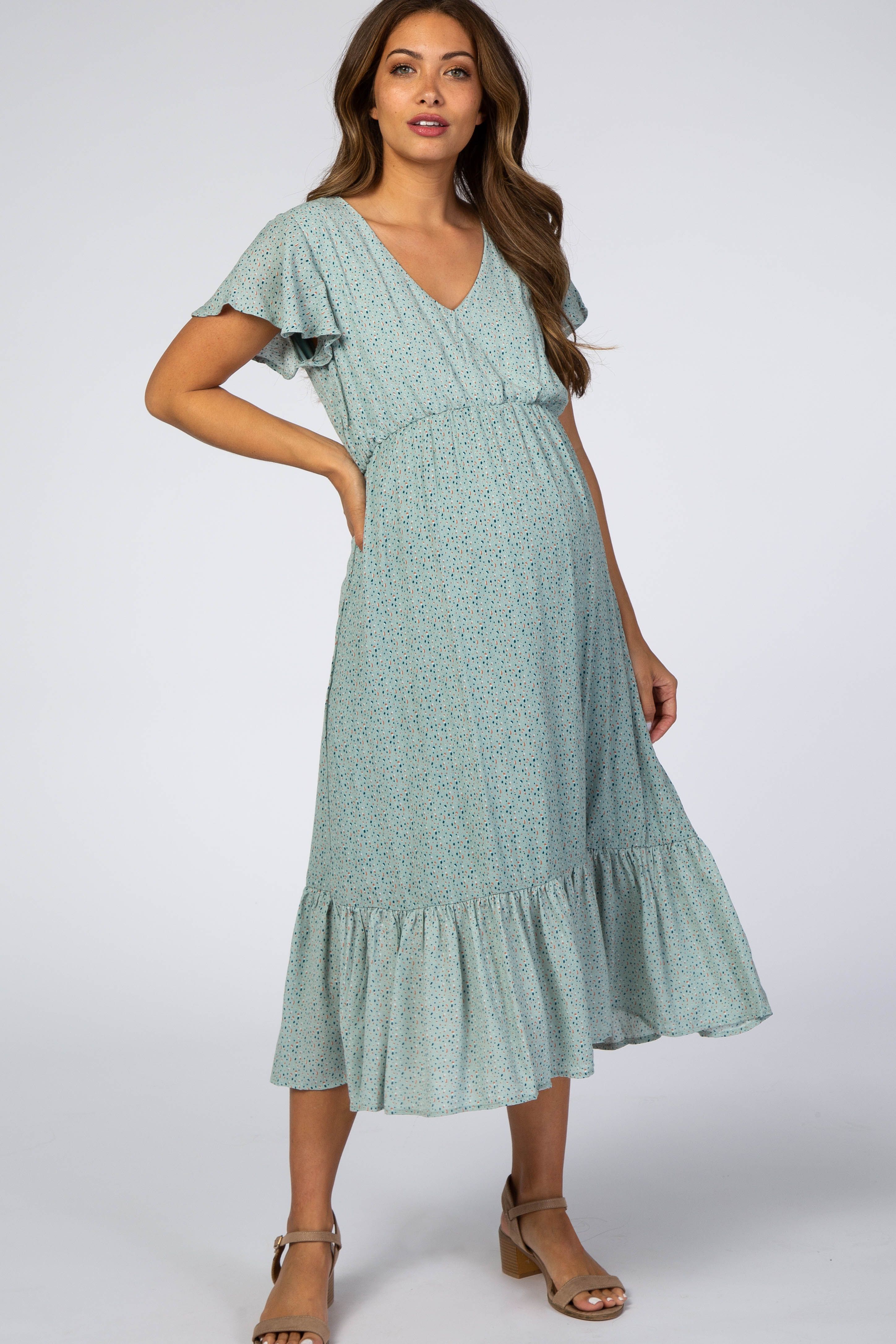 Mint Dot Print Ruffle Maternity Midi Dress sold by Pinkblush