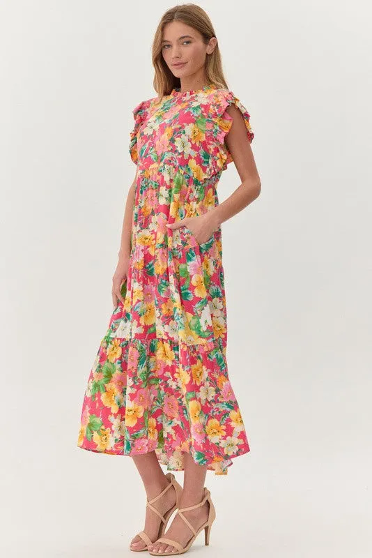 Fuchsia Flower Print Tiered Layer Midi Dress sold by Pinkblush product image thumbnail 5
