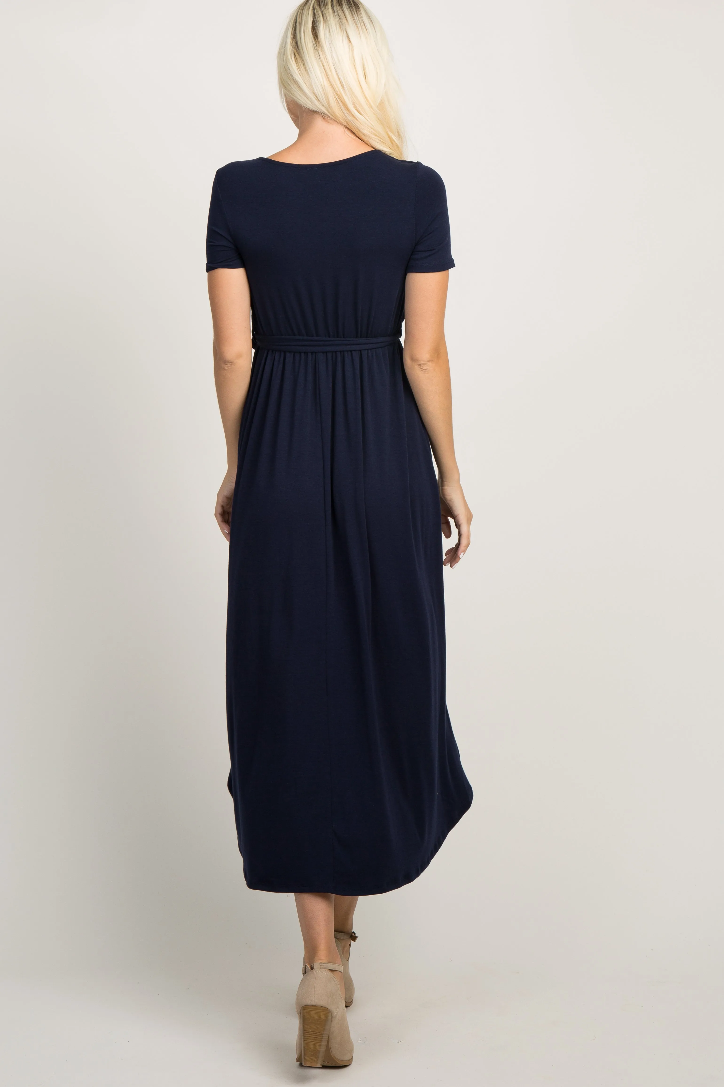 PinkBlush Navy Blue Solid Hi-Low Wrap Dress sold by Pinkblush product image thumbnail 4
