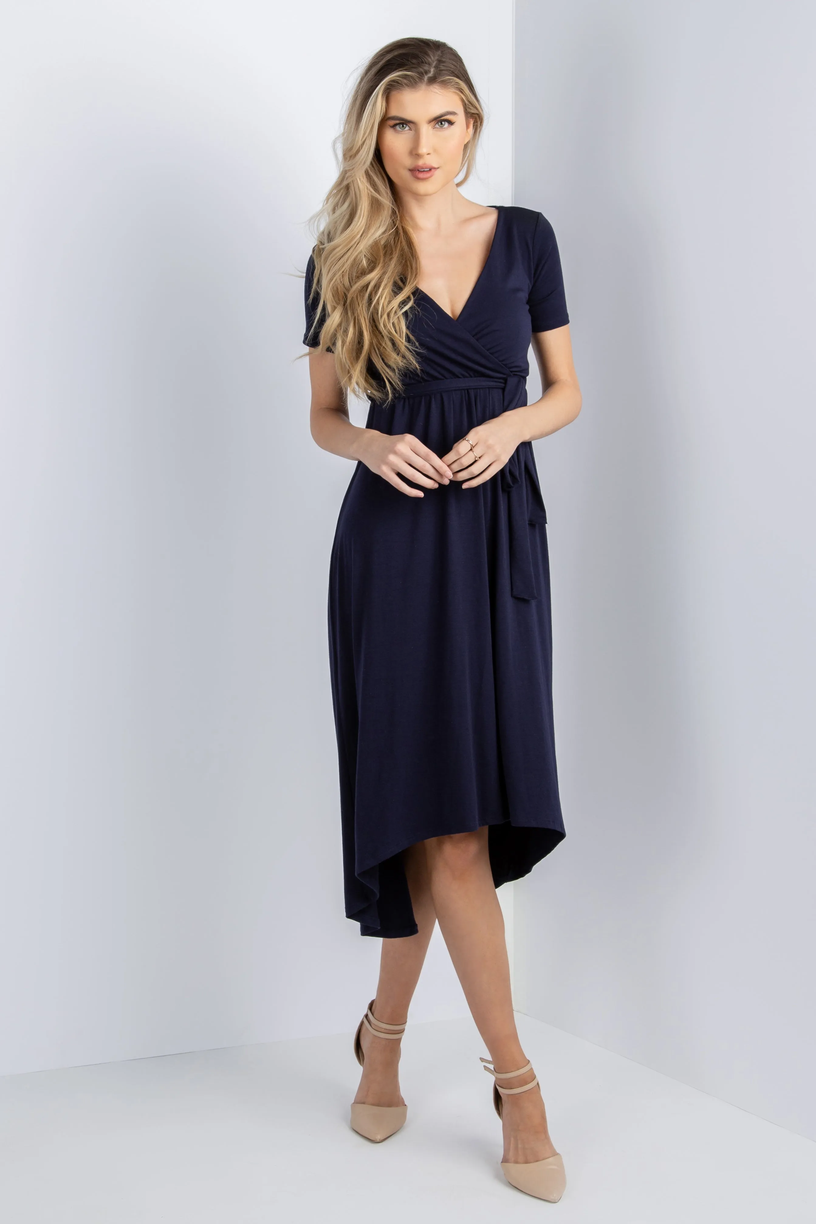 PinkBlush Navy Blue Solid Hi-Low Wrap Dress sold by Pinkblush