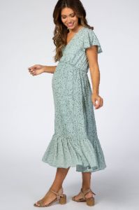 Mint Dot Print Ruffle Maternity Midi Dress sold by Pinkblush