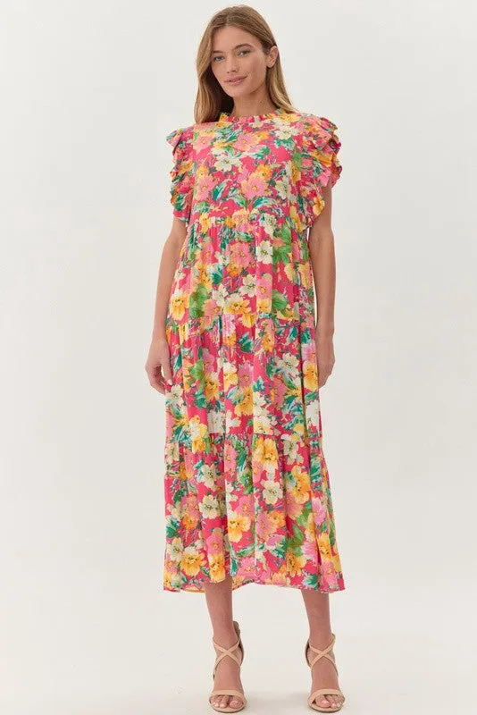 Fuchsia Flower Print Tiered Layer Midi Dress sold by Pinkblush product image thumbnail 3