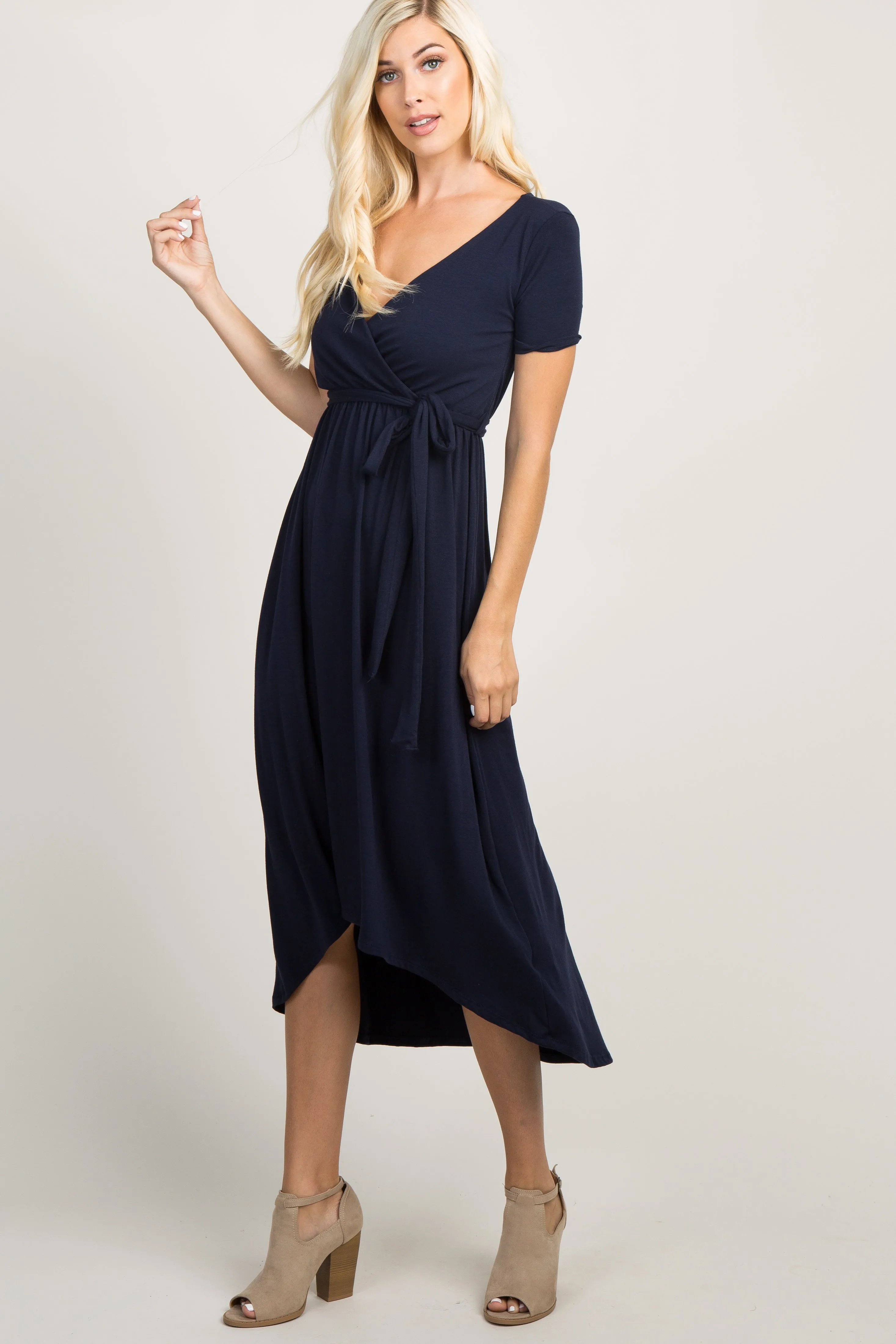 PinkBlush Navy Blue Solid Hi-Low Wrap Dress sold by Pinkblush product image thumbnail 2