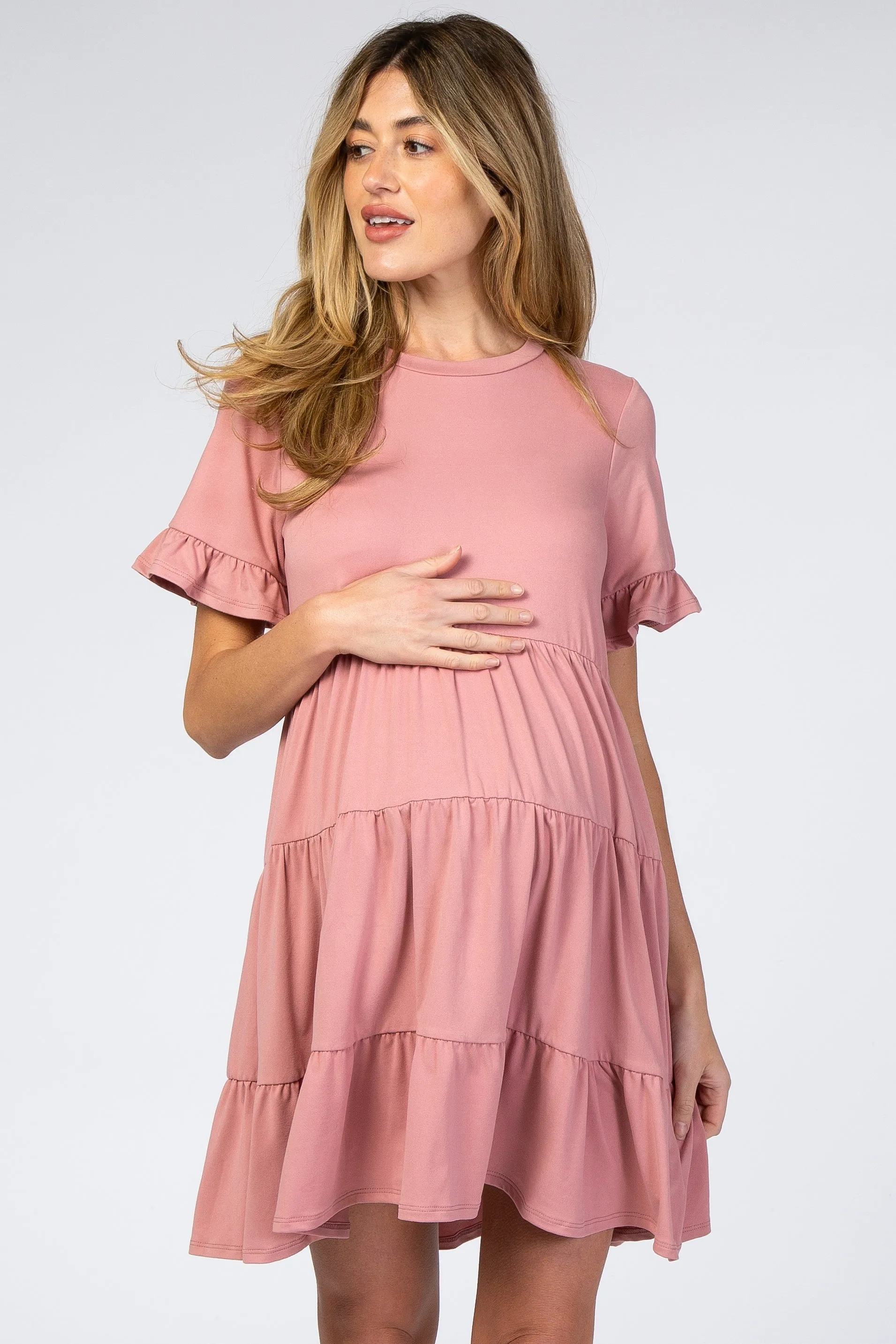 Pink Tiered Short Sleeve Maternity Dress sold by Pinkblush product image thumbnail 4