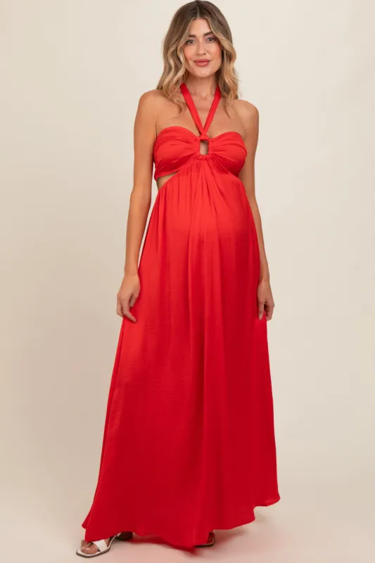 Red Halter Cutout Maternity Maxi Dress sold by Pinkblush