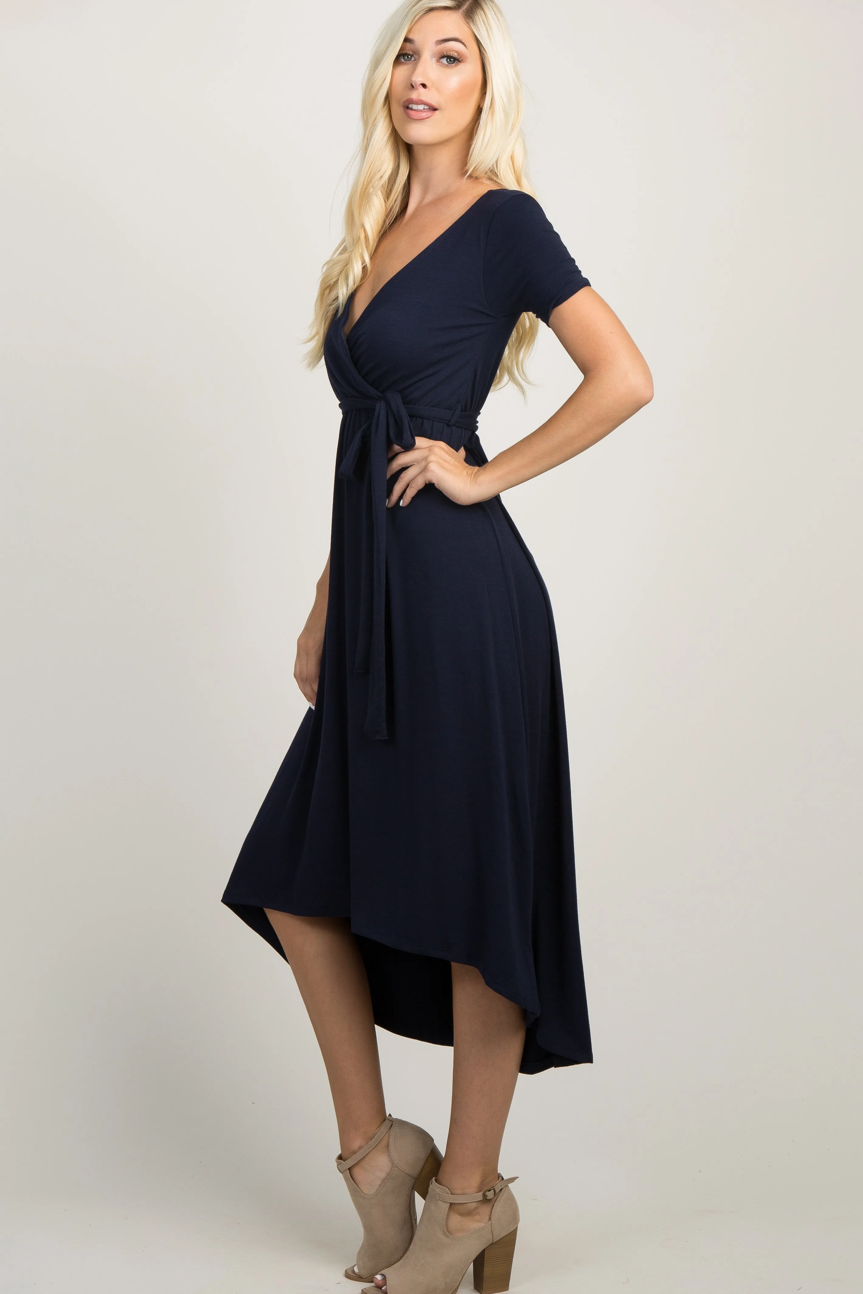 PinkBlush Navy Blue Solid Hi-Low Wrap Dress sold by Pinkblush product image thumbnail 3