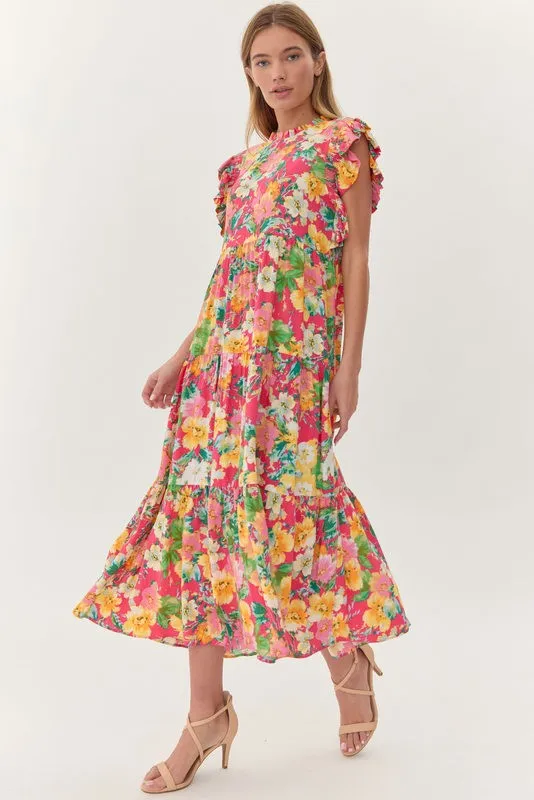 Fuchsia Flower Print Tiered Layer Midi Dress sold by Pinkblush