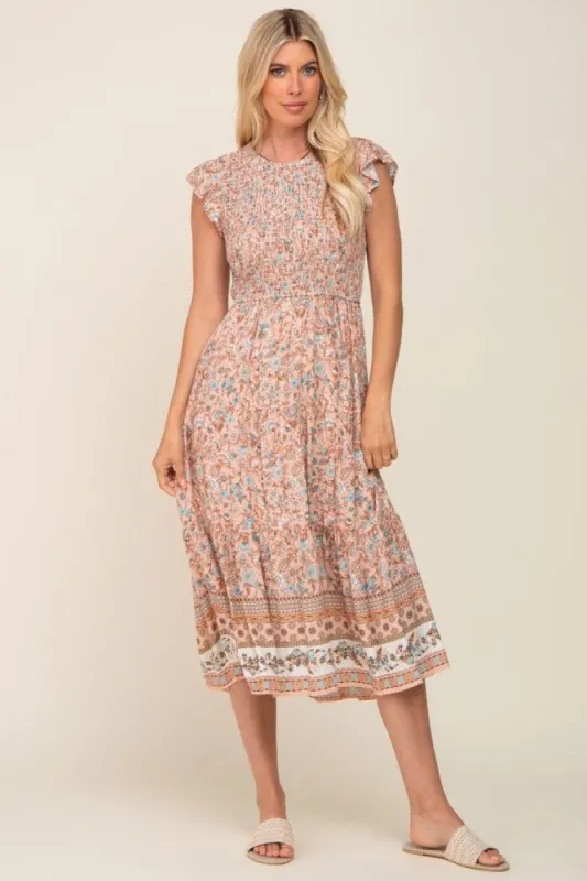 Peach Smocked Midi Dress sold by Pinkblush