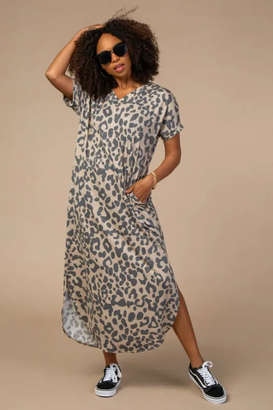Beige Leopard Print V-Neck Maxi Dress sold by Pinkblush