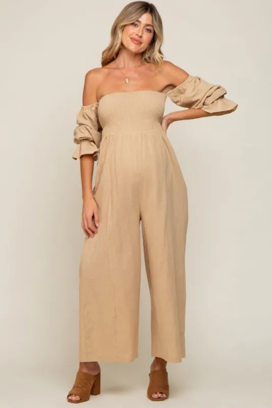 Beige Linen Smocked Off Shoulder Wide Leg Maternity Jumpsuit sold by Pinkblush