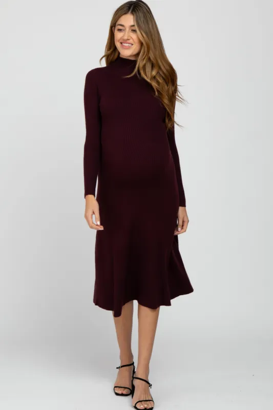 Burgundy Mock Neck Flared Maternity Midi Dress sold by Pinkblush