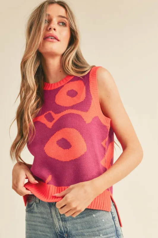 Orange Magenta Abstract Floral Knit Sweater Vest sold by Pinkblush
