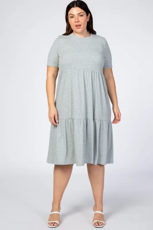 Heather Grey Ribbed Tiered Plus Dress sold by Pinkblush