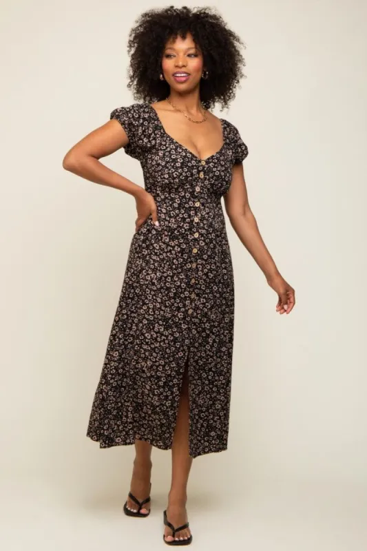 Black Leopard Button Front Midi Dress sold by Pinkblush