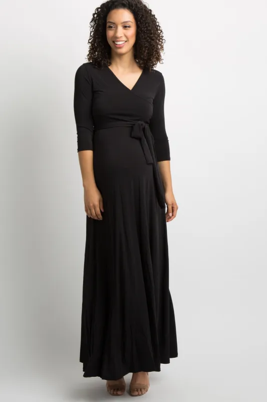 Black Solid Sash Tie Maternity Maxi Dress sold by Pinkblush