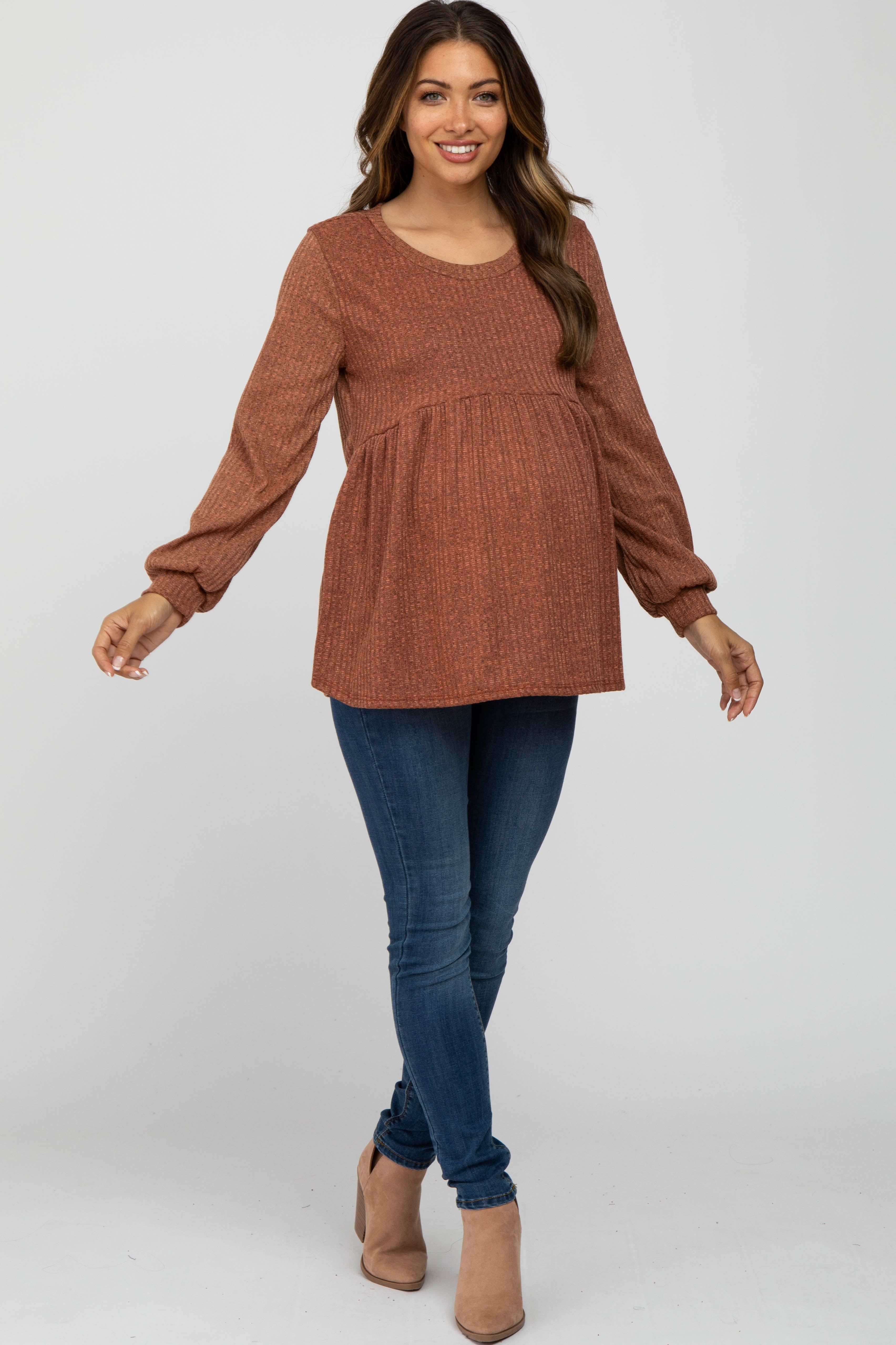 Rust Textured Knit Babydoll Long Sleeve Maternity Top sold by Pinkblush product image thumbnail 2