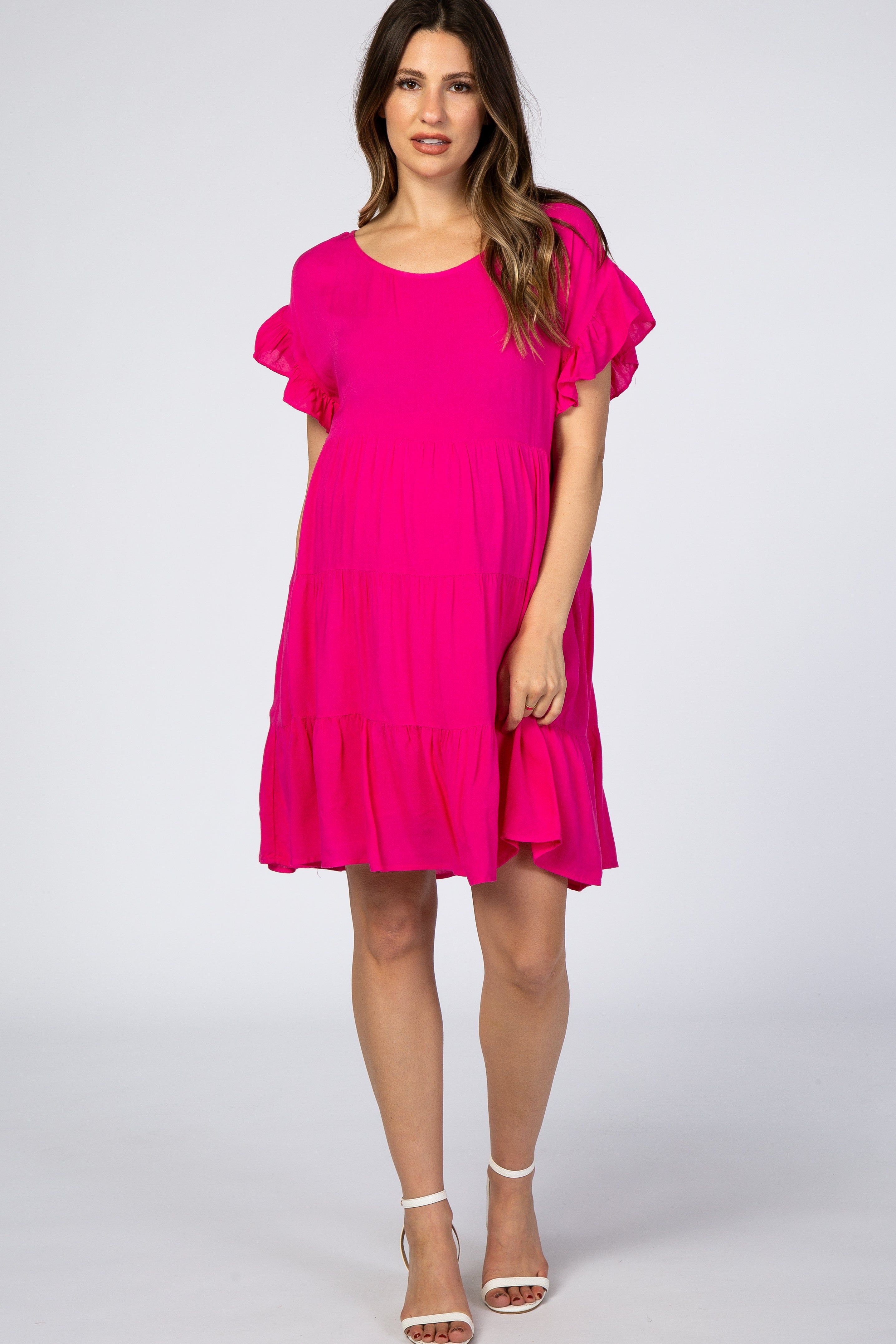 Fuchsia Tiered Ruffle Accent Maternity Dress sold by Pinkblush