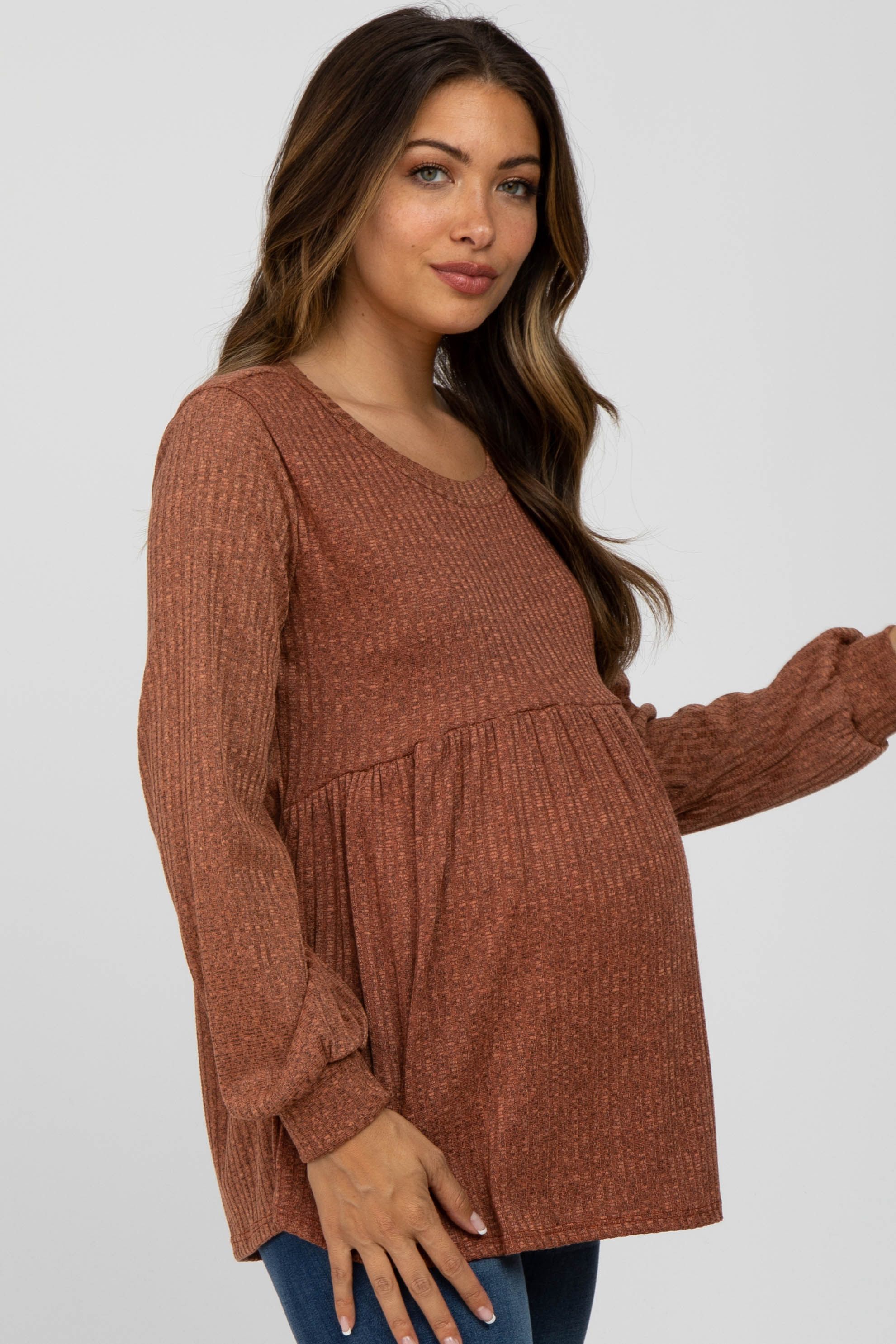 Rust Textured Knit Babydoll Long Sleeve Maternity Top sold by Pinkblush product image thumbnail 3