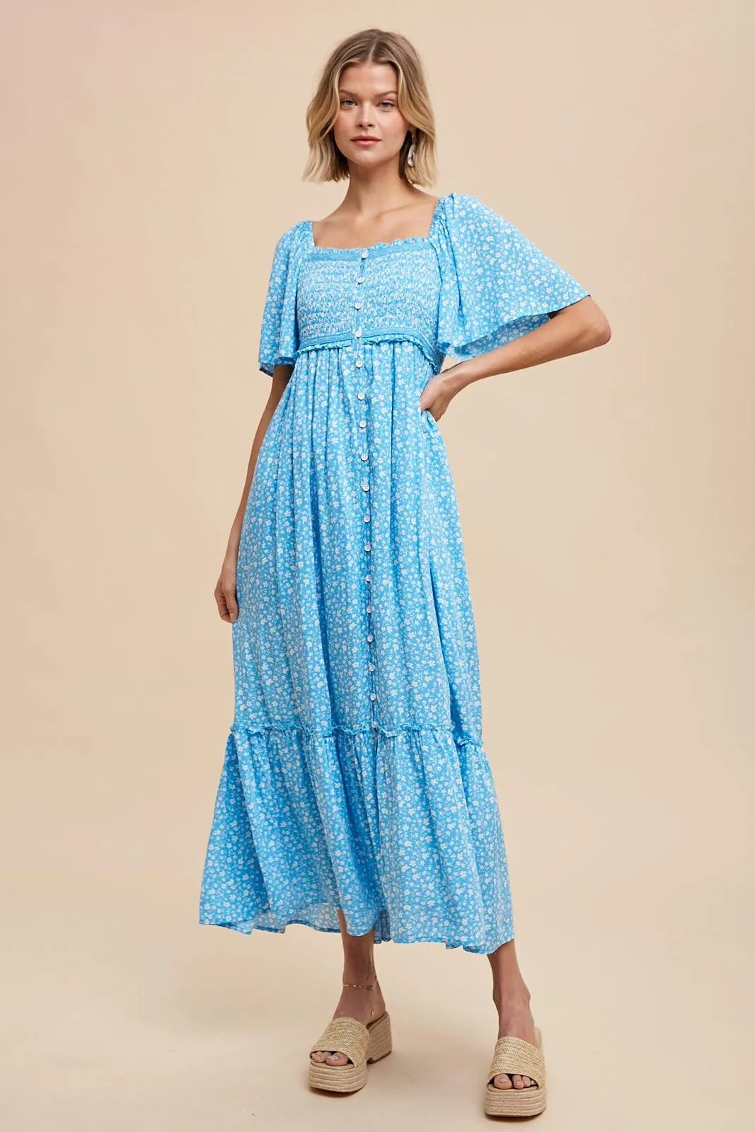 Blue Floral Button Front Midi Dress sold by Pinkblush