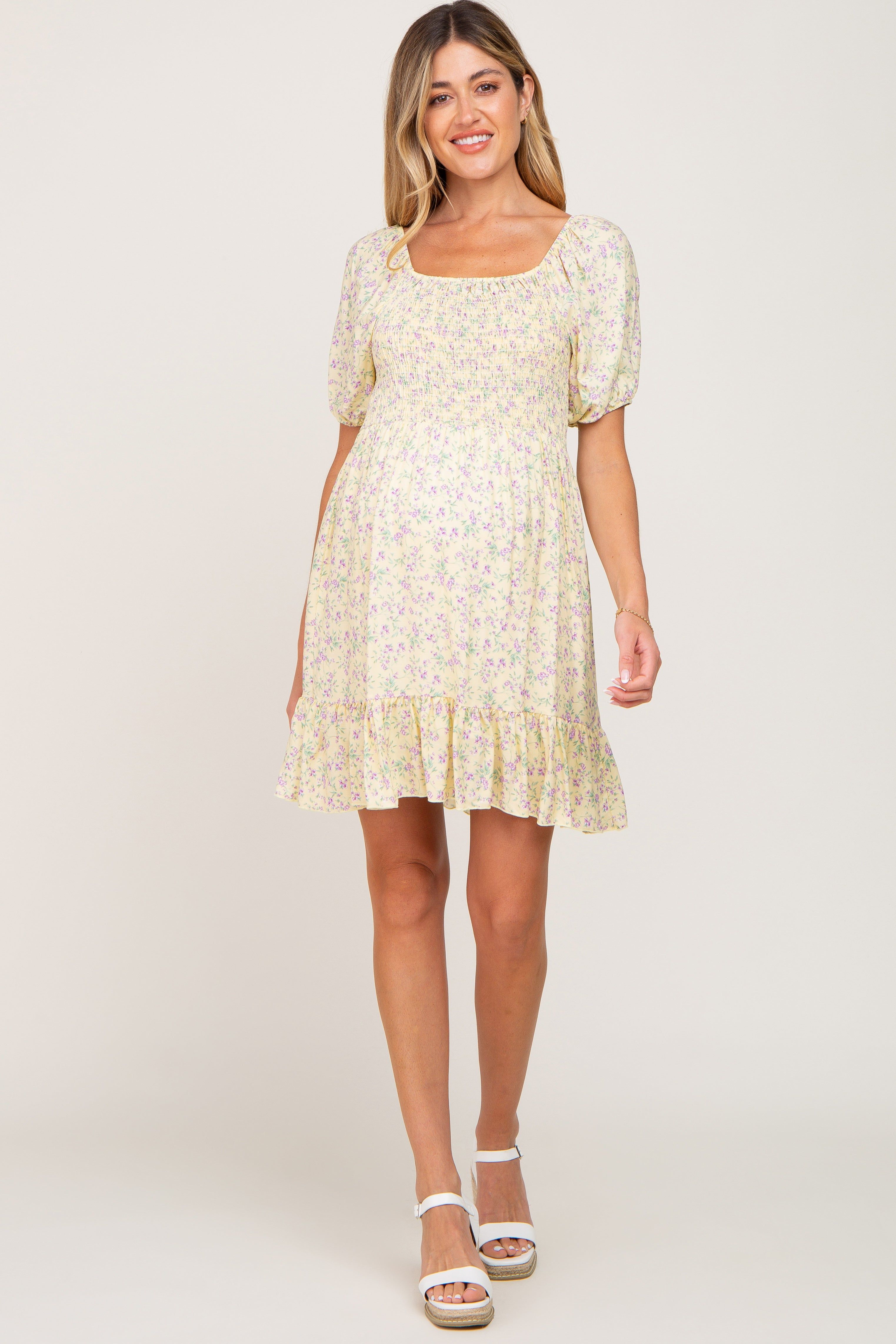 Yellow Floral Smocked Puff Sleeve Maternity Dress sold by Pinkblush product image thumbnail 4