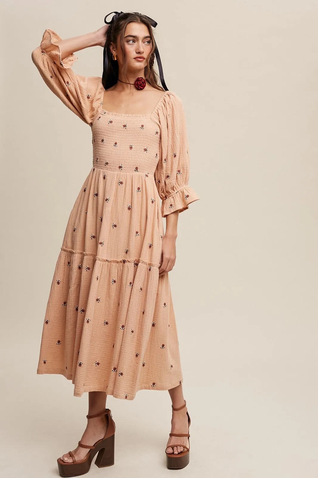 Blush Ditzy Floral Embroidery Puff Sleeve Maxi Dress sold by Pinkblush