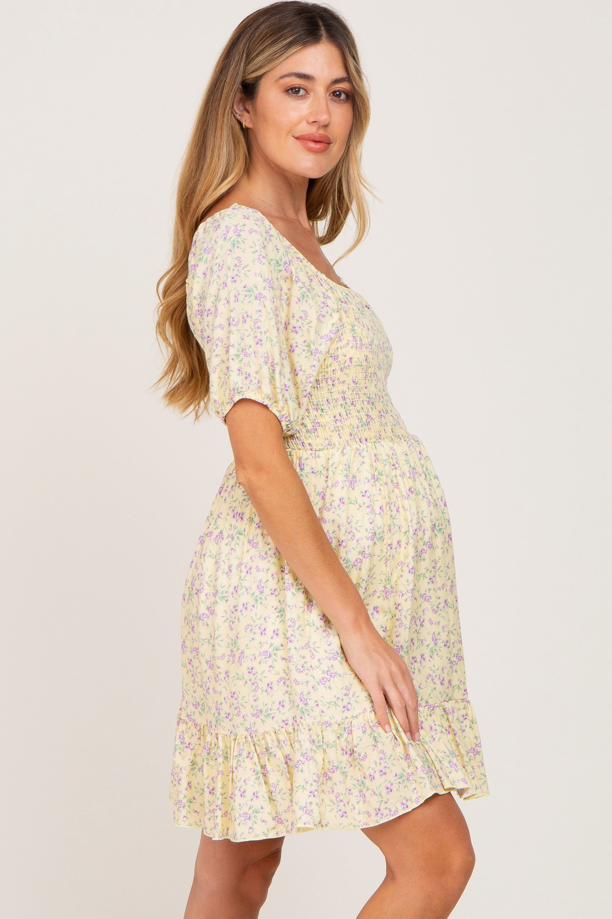 Yellow Floral Smocked Puff Sleeve Maternity Dress sold by Pinkblush product image thumbnail 2
