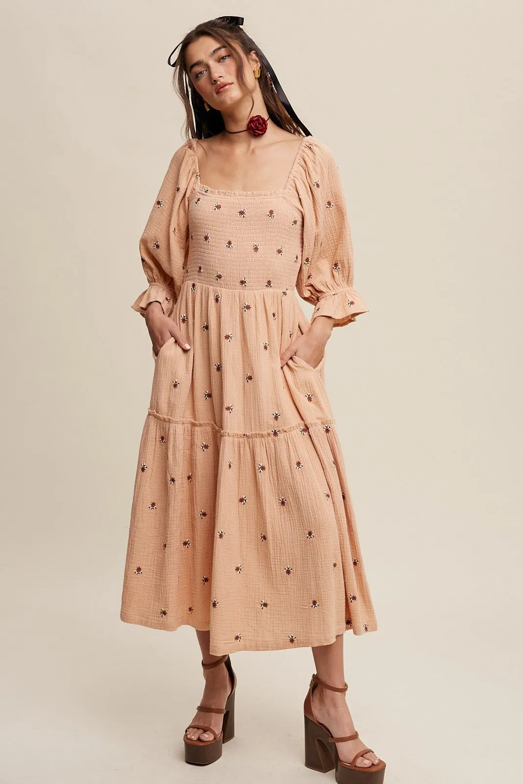 Blush Ditzy Floral Embroidery Puff Sleeve Maxi Dress sold by Pinkblush product image thumbnail 2