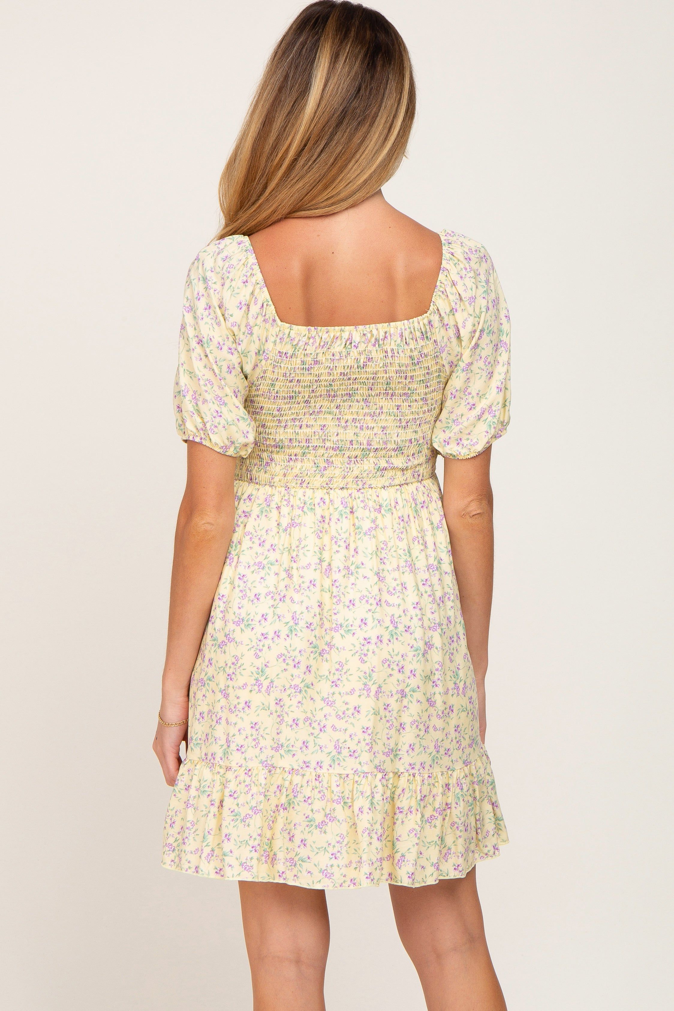 Yellow Floral Smocked Puff Sleeve Maternity Dress sold by Pinkblush product image thumbnail 3