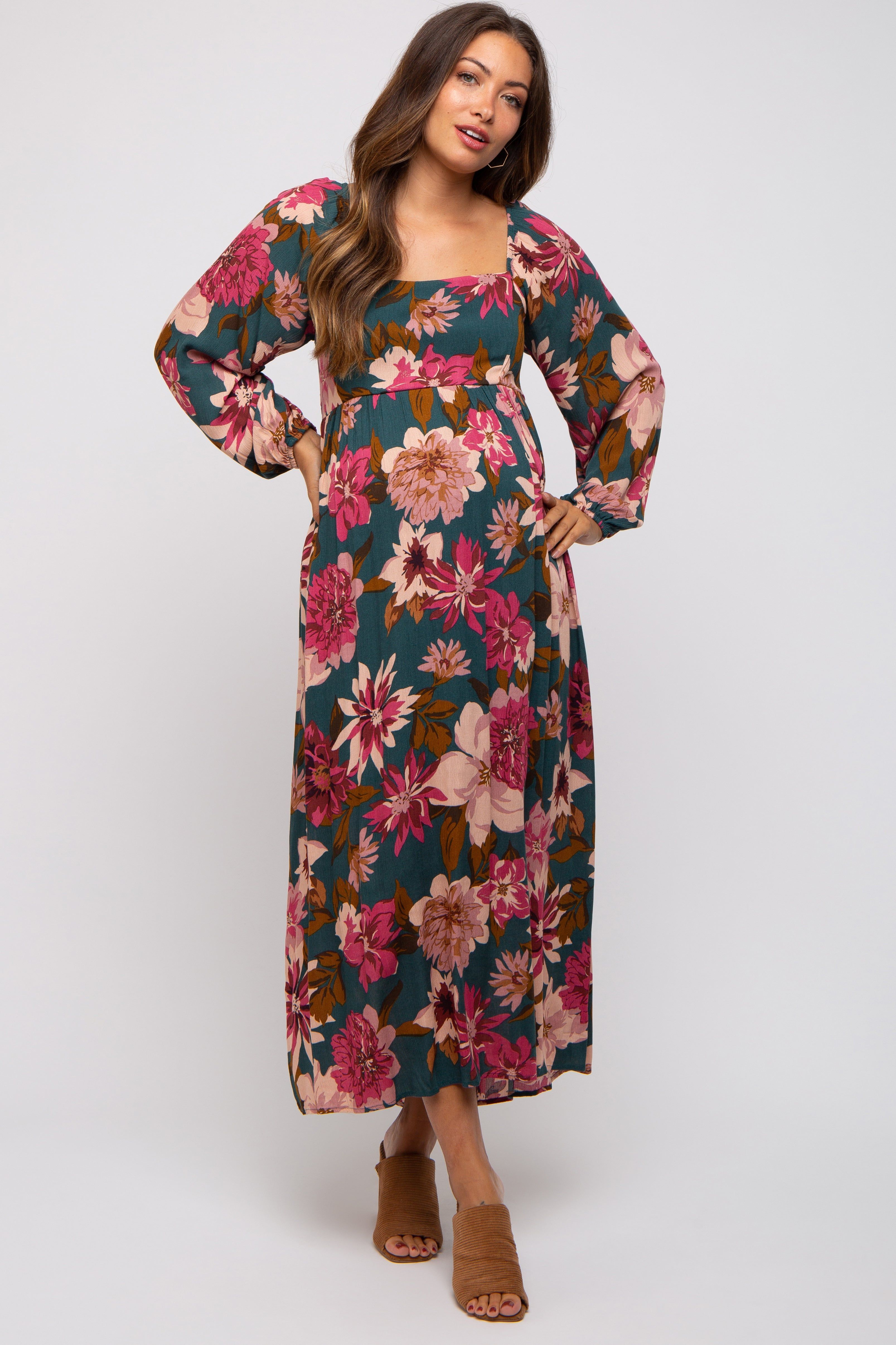 Forest Green Floral Long Sleeve Maternity Midi Dress sold by Pinkblush product image thumbnail 4
