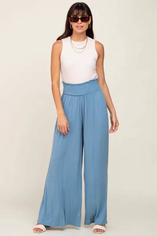 Blue Smocked Waist Flowy Pants sold by Pinkblush