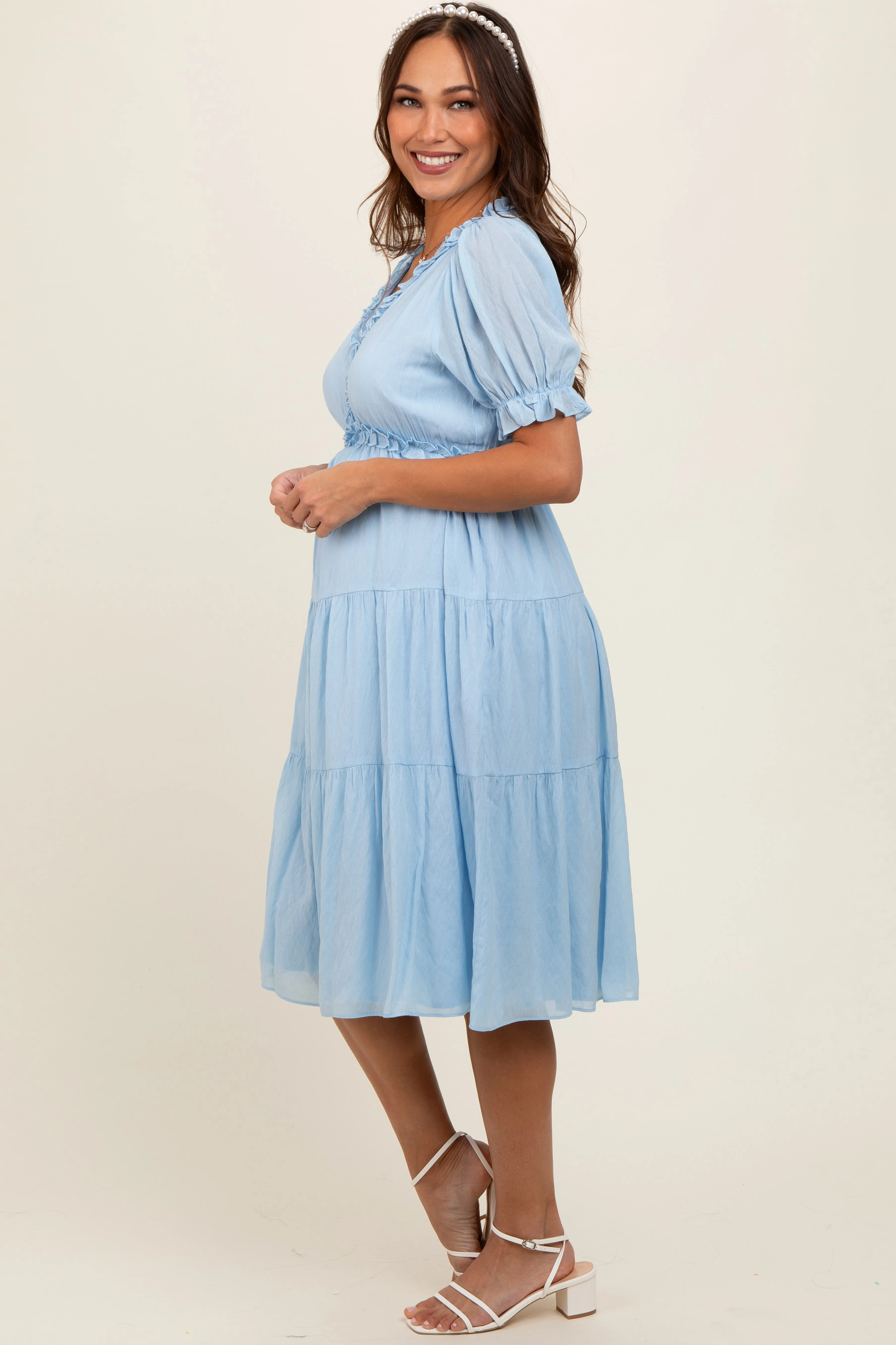 Light Blue Ruffle Trim Tiered Maternity Dress sold by Pinkblush product image thumbnail 2