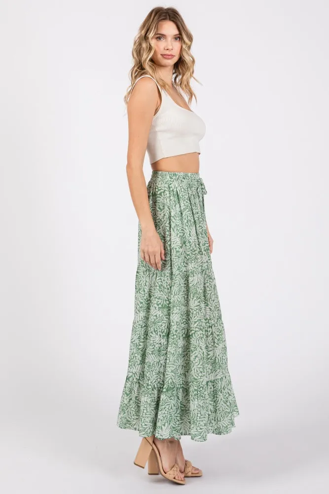Light Olive Leaf Printed Drawstring Tiered Maxi Skirt sold by Pinkblush product image thumbnail 2