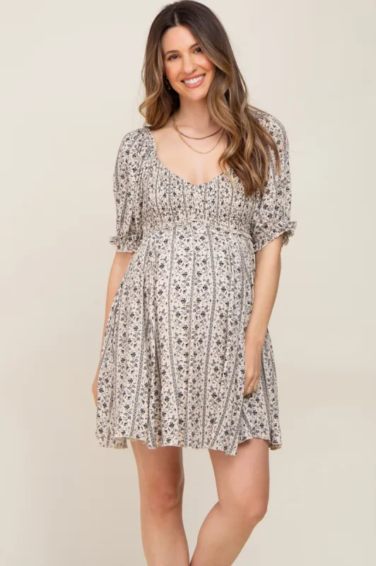 Cream Floral Puff Sleeve Smocked Maternity Mini Dress sold by Pinkblush
